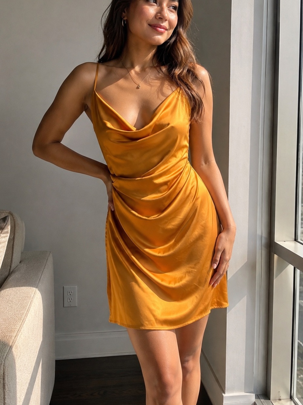 Satin Cowl Mini Dress — Mustard Gold Party Dress Evening Wear